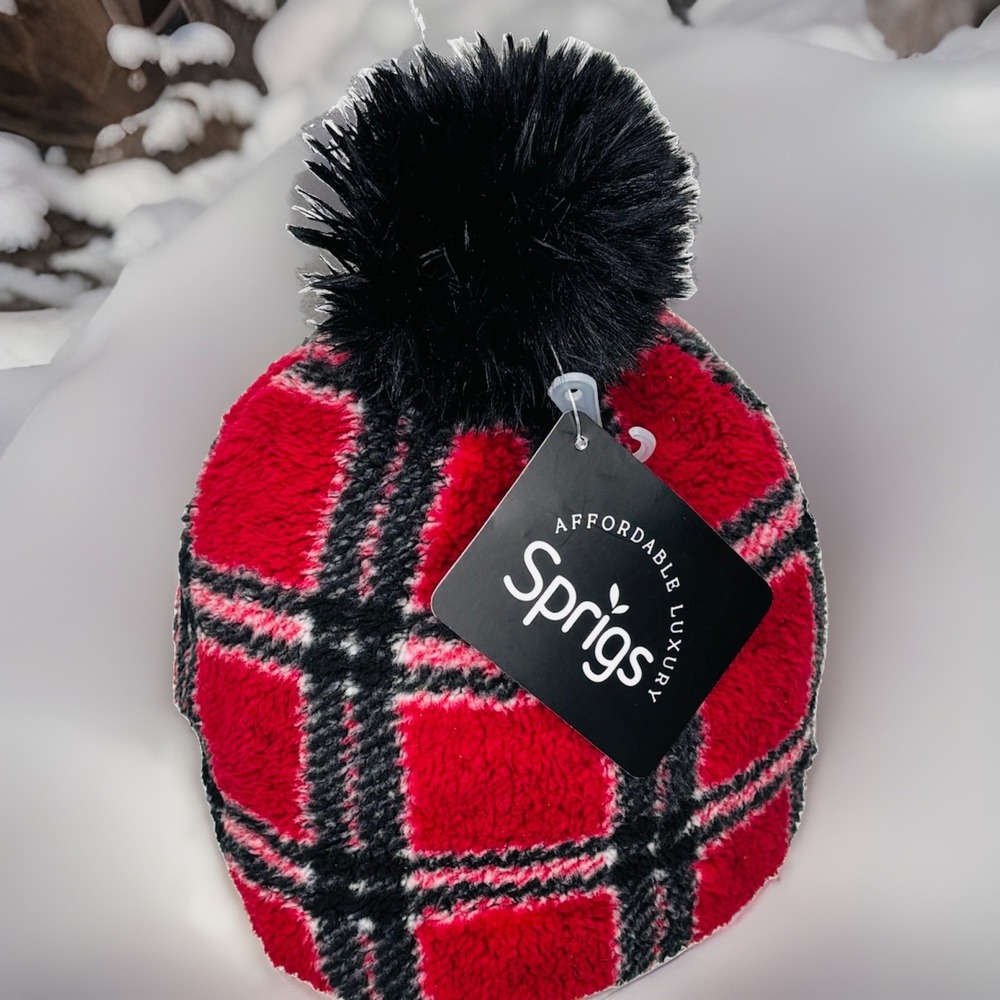 Sprigs Red Plaid Sherpa Fleece Beanie Hat Black Faux Fur Pom Pom NWT Unisex